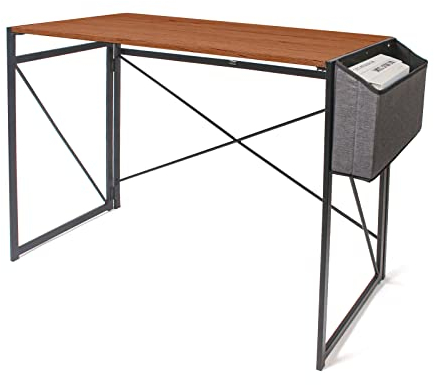 Todeco Bureau Informatique, Table de Bureau avec Pochette de Rangement, Bureau d'ordinateur Pliable, Table d’étude de Style Industriel, Bureau Poste de Travail, Marron
