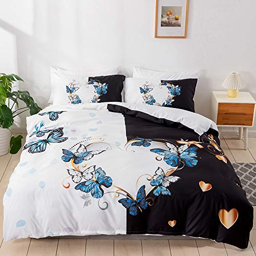 Damier Schmetterling Bettwäsche 135×200cm Schwarz Weiß Blau Bettwäsche Schmetterlinge 3D Bettwäsche Set 2-teilig Microfaser Bettbezug mit Reißverschluss und Kissenbezug 80 × 80 cm