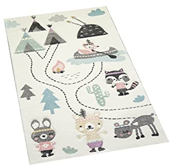 CARPETIA Spielteppich Kinderzimmer Teppich Camping Zelt Bären Berge Wohnwagen Tannen Fluss Creme grau grün Größe 80x150 cm