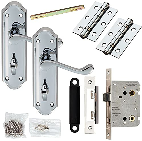 Door Handle & Bathroom Lock Pack - Chrome Scroll Upturned Thumb Turn Backplate | Complete Matching Set for 1x Interior Door - Handle, Hinges & Thumb Turn Bathroom Lock & Latch | Privacy WC Toilet