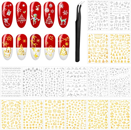 16 Blatt Weihnachten Nagelsticker Selbstklebend Schneeflocken Nagelaufkleber 3D Nagel Kunst Design Aufkleber mit Pinzette für DIY Nagel Art Dekorationen, Silber, Gold