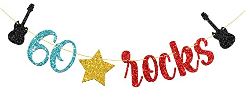 WeBenison 60 Rocks Geburtstag Banner Rock and Roll Musik Thema 60. Geburtstag Banner / 60er Jahre Rock Gitarre Geburtstag Party Dekorationen Glitzer (60)