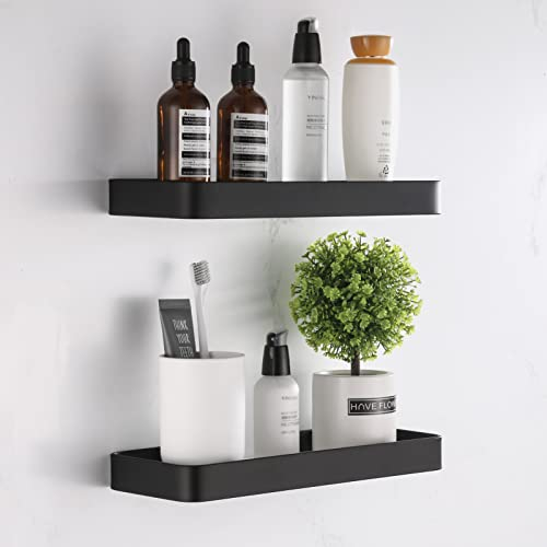 HANFU Estanteria Baño, Estante Ducha Sin Taladro de Estanteria Ducha Aluminio y Bandeja Rectangular de Vidrio, Ducha Cesta Autoadhesivo Montado Pared Organizador Estantería Baño 30cm 2 Piezas, Negro