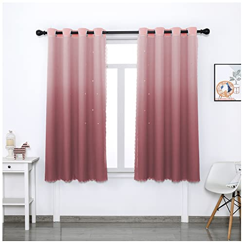 MISSMAO Doppelschicht Vorhänge Kinderzimmer Junge Mädchen- Hohle Sterne Gardinen mit Ösen Kinder Schlafzimmer Thermo Vorhang Sterne Dekoschals Gardine Ösenschal, 2er Set Rosa H215xB130cm
