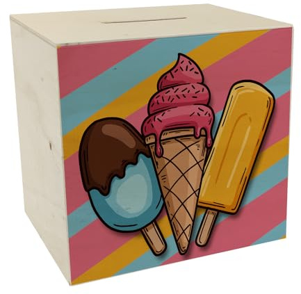 Eiscreme Spardose aus Holz mit verschiedenen leckeren Sorten Bunte Sparbüchse für Naschkatzen oder als Trinkgeldkasse fürs Eiscafé mit leckeren Süßigkeiten sommerliches Motiv