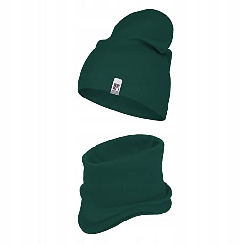 HEYO Kinder Beanie Mütze Schlauchschal Set für Mädchen Jungen Frühling Strickmütze Schal (Dunkelgrün)