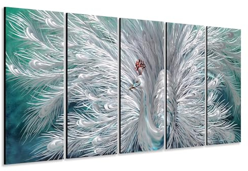 Yihui Arts Wandkunst, Pfau, aus Metall, Blaugrün und Silber, Aluminium-Kunstwerk, moderne Skulptur für Wohnzimmer, Schlafzimmer, Badezimmer