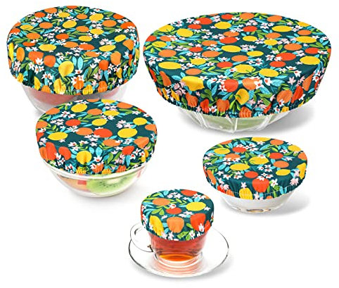 PHOGARY 5 Couvercles de Bol Réutilisables, Couvercles en Tissu Imperméables pour Le Bol à Salade en Verre, Le Pot, Les Melons (Fit 2.7-14 Pouces), la Bordure Élastique (Motif de Fruitst)