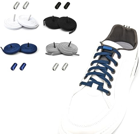SZWLJ Elastische Schnürsenkel mit Metallkapseln, Schnürsenkel Ohne Binden Gummischnürsenkel Einstellbare Gummi Schuhbänder, No Tie Schnürsenkel (4 Paar-Schwarz+Weiß+Grau+Marineblau)