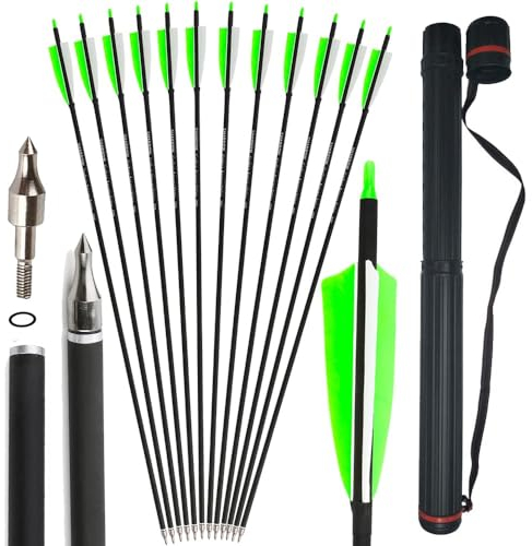 SHARROW 32 Zoll Carbon Pfeile für Bogenschießen Spine 500 Kohlenstoffpfeil Jagd Bogen Pfeile Jagdpfeile mit 4 Zoll Natürliche Federn für Pfeil Und Bogen Recurvebogen Compoundbogen (6P, 1Köcher+Grün)