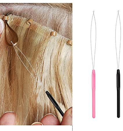 2 PCS Hair Extension Needle Loop Threader Pulling Hook Tool and Bead Device Hair Extension Loop Tools