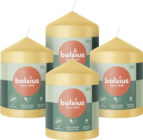 Bolsius Glatte Stumpenkerzen - Beige - 4 Stück - 8 x 6 cm - Dekorative Haushaltkerzen - Länge Brenndauer 17 Stunden - Unparfümierte - Enthält Natürliches Pflanzenwachs - Ohne Palmöl