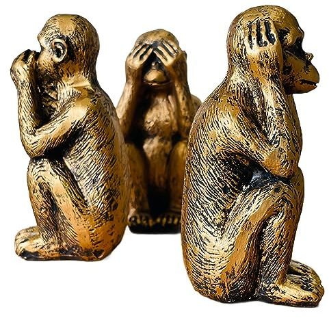 Wanwanzi Statue-Set mit 3 weisen Affen – Hören Sie kein Böses sehen Sie kein Evil Speak No Evil – Harz-Affenfiguren für Büro und Heimdekoration – unvergessliche Geschenkoption – Bronzebeschichtung
