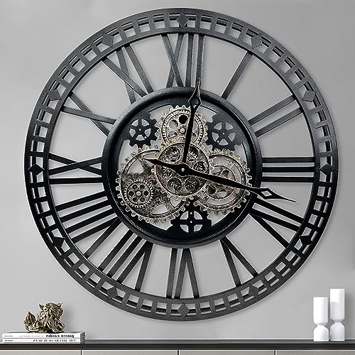 DORBOKER Real Moving Gears Wall Clock Oversized Modern Industrial Steampunk Decorative Retro Metal Rustic Clocks for Living Room Farmhouse Office (60cm / 24 inch, Mica Grey)