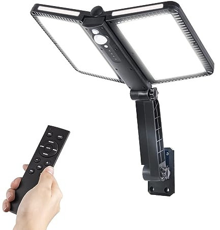 Moman Faretto LED da Esterno Solare, 218 LED Luce Solare con Sensore di Movimento 5 Modalità 4400mAh Impermeabile IP65 Lampada Solare con Telecomando per Garage Patio, Luce-Solare-LED-Esterno-Faretto