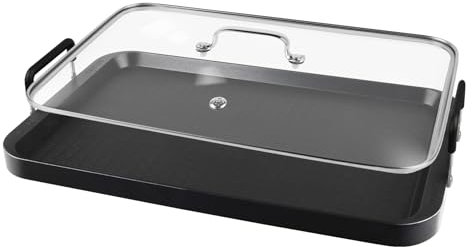 Vayepro 2 Burner Griddle with Glass Lid, Aluminium Rectangular Griddle for Gas Grill, Non-Stick, Black