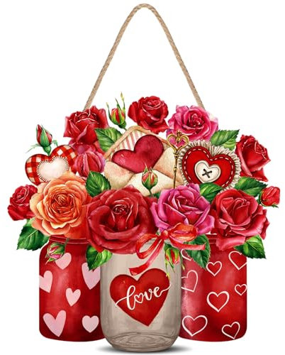 Capoda Valentine's Day Hanging Ornament Happy Valentine's Day Love Ornament Vase Shape Front Door Decorative Sign Sweetest Day Wood Sign for Valentine's Day Wedding Anniversary Parties