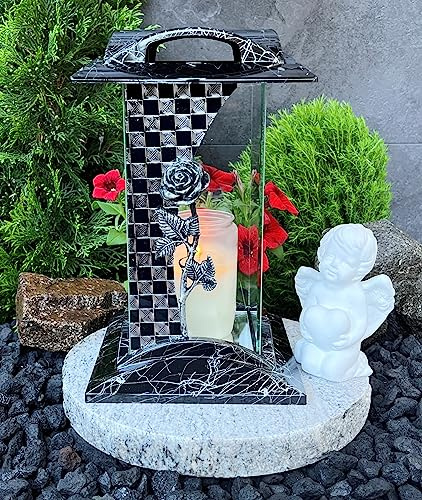 Grabschmuck-Set Grablampe mit Rosen Schwarz Silber 28,0cm mit Sockel Engel Grablicht Kerze Grablaterne Granitsockel Grableuchte Herz Grabschmuck Lampe Laterne Trauer Grabdekoration