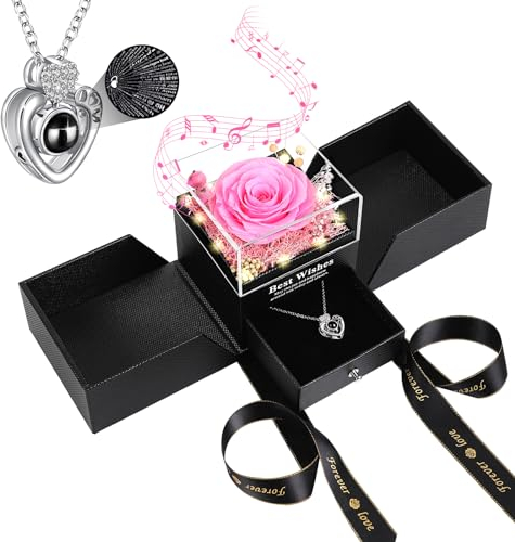Sosayet Geschenke für Frauen/Sie Valentinstag Ewige Rose mit Halskette Schmuck Geschenkbox für Mama/Freundin, Infinity Rosen für Valentinstag Muttertag, Weihnachten, Geburtstag, Hochzeitstag (Rosa)