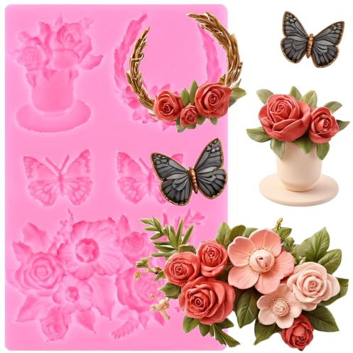 xmoldnms Rose Fondant Molds Flower Pot Bouquet Butterfly Chocolate Cake Decorating Silicone Molds For Cupcake Topper Candy Gum Paste Polymer Clay