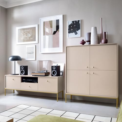 Wohnzimmermöbel Wohnwand beige, Fußgestell goldfarben 2-teilig, 1 Lowboard, 1 Highboard