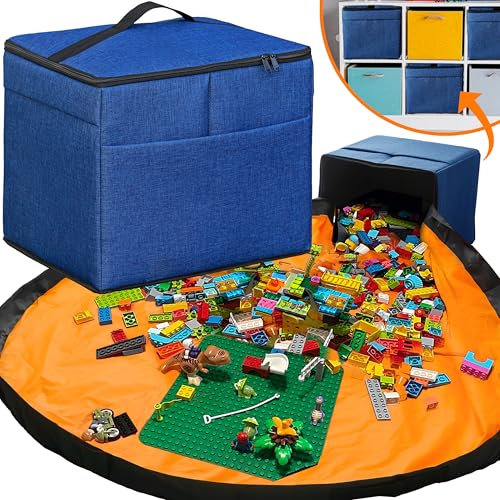 XL Toy Storage Organizer & Play Mat - Storage Bag/Box for Kids, Boys, Girls, Nursery, Playroom - Basket for Building Bricks/Blocks - Collapsible Fabric Cube Bin, 13x13x15