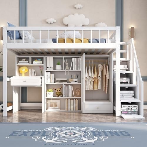 FEZTOY Kinderbett Hochbett mit Schreibtisch, Treppe und Kleiderschrank, Etagenbett Einzelbett mit Schließfächern und Lattenrost, Stauraumbett, weiß, 90x200, ohne Matratze