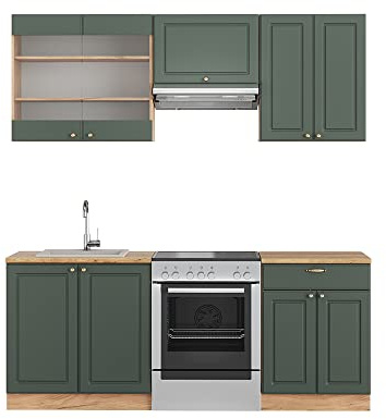 Vicco Küchenzeile Fame-Line, Grün-Gold Landhaus/Goldkraft Eiche, 200 cm | 5 Module · Höhenverstellbare Füße · Arbeitsplatte Eiche · MDF-Fronten · Softclose · Metallgriffe
