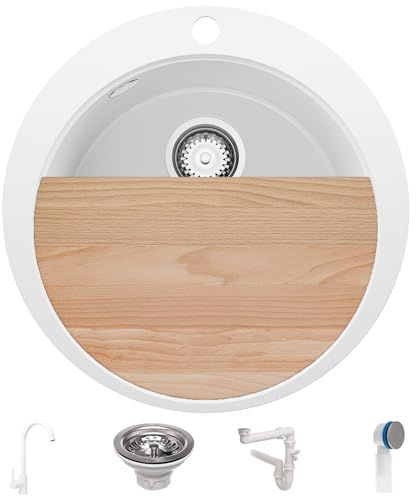PRIMAGRAN Lavandino Rotondo Bianco 53x53cm, Lavello da Cucina a 1 vasca + Sifone Classico + Rubinetto 32x20cm + Tagliere, Lavabo da Cucina Incasso al mobile 50cm - Pise Max
