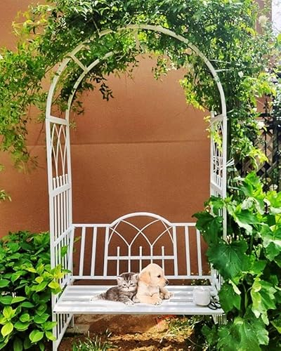 GLFNB Gartenlauben und -bögen, Metalltorbögen mit Bank, für Innen-/Außenrasengarten, Verschiedene Kletterpflanzen, Rose, Schwarz/Weiß, 114 cm breit x 210 cm hoch (Farbe: Weiß)