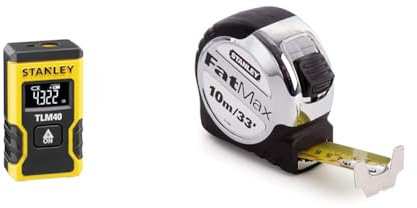 STANLEY Pocket Laser Distance Measure 12M (TLM40) STHT77666-0, Black+yellow & STA533896 FatMax Tape Rule 10m / 33ft, Silver