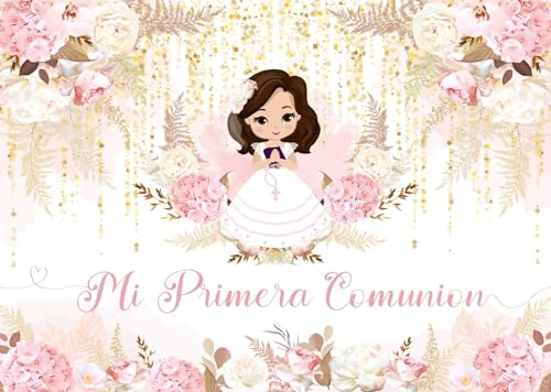 CORFOTO 2.1x1.5m Mi Primera Comunión Telón de Fondo con Diseño Boho Rosa Flor para Niña - Fondo Bautizo Fiesta Decoración Banner Suministros