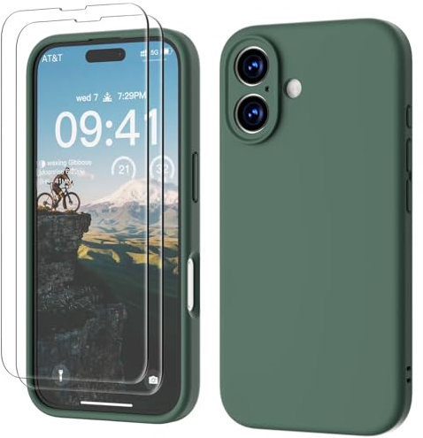 GOODVISH 3 IN 1 for iPhone 16 Case 6.1 inch, Upgraded Camera Protection, 2X HD Screen Protector, Liquid Silicone Anti-Scratch Shockproof Gel Rubber Anti-Fingerprint Phone Case Cover, Pine Green