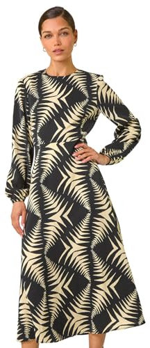 Roman Originals Geometric Print Midi Dress for Women UK - Ladies Everyday Autumn Winter Round Neckline Comfy Soft Evening Vacation Work Party Night Out - Beige - Size 14