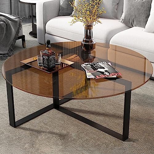 Table basse ronde moderne minimaliste avec plateau en verre trempé teinté marron et pieds noirs mats, table centrale élégante et élégante pour le salon (marron)