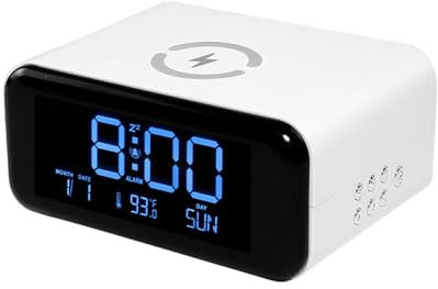 SUIOPPYUW Wecker mit Dimmung im dritten Gang und kabellosem Laden, um den kabellosen Musikbedarf zu Decken ABS Nachtlicht mit kabellosem Laden, Weiß, Vier in einem