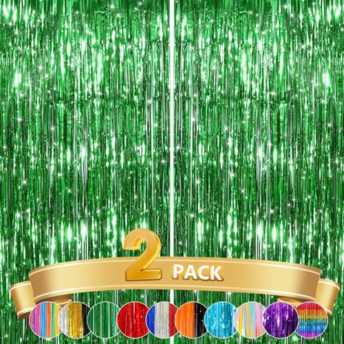2 Pack Green Metallic Tinsel Foil Fringe Curtains, Door Streamers Photo Booth Backdrop for Birthday Party, Tinsel Curtain Backdrop for Baby Shower Bachelorette Christmas Party Decorations