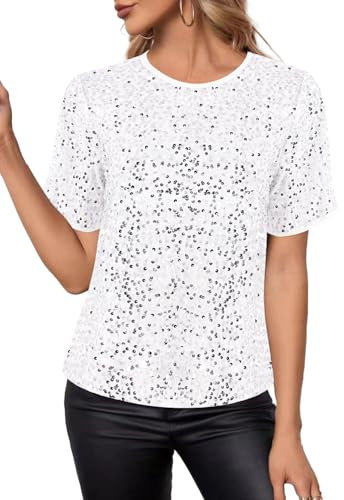Segreto Damen Glitzer Pailletten Tops Short Sleeved Rundhals Locker Oberteil Glänzende Party Bluse T-Shirts Festliches Outfit, Weiß Mesh Pailletten/L