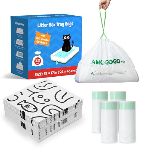 AMOGOGOPET 40 Pack Cat Litter Bags, Compatible with ScoopFree Crystal Litter Box Tray Refill, with Anti-scratch Cardboard, Heavy Duty, Leak-proof Thick Drawstring Litter Box Liners, 37 x 17