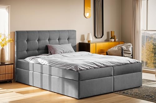 Kaiser Möbel - Bett 200x200 cm - Boxspringbett mit Matratze und Bettkasten - Polsterbett für Schlafzimmer, Jugendzimmer - Doppelbett mit hohem Kopfteil, Bonellmatratze - Ludano - Grau