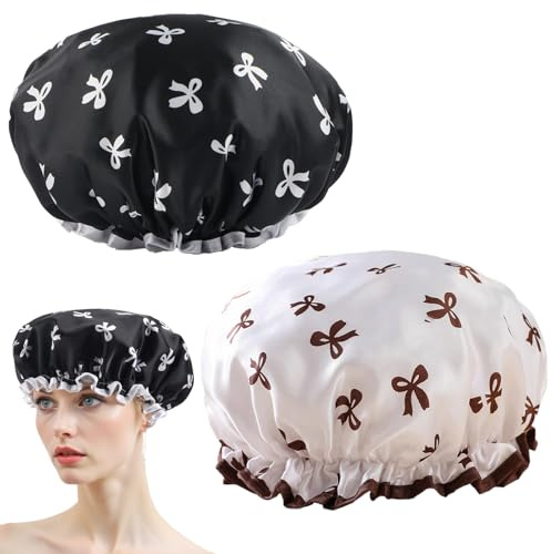 RANYAKE 2PCS Double Layer Shower Cap, Black/White, Elastic Band Reusable, Waterproof, for Women's Bathing Salon