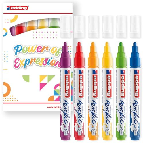 edding 5100 acrylic marker medium - basic colours - 6 waterproof acrylic paint marker - round nib 2-3mm - acrylic paint pen for drawing on canvas, art paper and wood - acrylic markers for pebbles