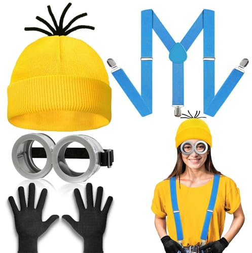WEARXI Halloween Kostüm Damen, 3/4/6PC Gelbes Kleidung Set, Kostüm Damen | Halloween Kostüm, Kostüm Damen, Kostüm Damen Herren Erwachsene,Karnevalskostüm für Party Mütze Brille Handschuhe Hosenträger