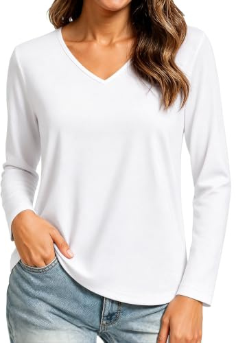 Wayleb Long Sleeve Tops Women V Neck Basic Soft Fit Everyday Shirt | Soft Breathable Fabric, V Neck Shape, Regular Fit, Lightweight Layering, Casual Work Home Wear, UK S to 3XL