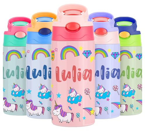 VEELU Personalisierte Trinkflasche für Kinder - Trinkflasche Kinder Edelstahl mit Namen 100% BPA Frei - Flasche Personalisiert mit Strohhalm für Schule & Kindergarten, Sport - Mehrfarbige 350ml