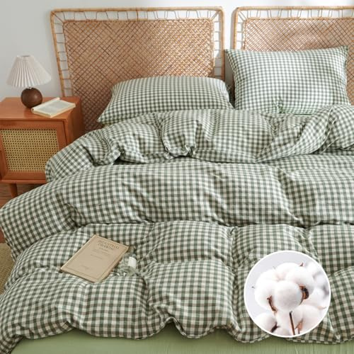 AShanlan Bettwäsche 220x240 Baumwolle Grün Kariert Bettwäsche-Sets 220 x 240 cm Bettbezug mit 2 Kissenbezug 80x80 cm ÖKO-TEX Leinenoptik Gewaschene Baumwolle Bettwäsche mit Reißverschluss