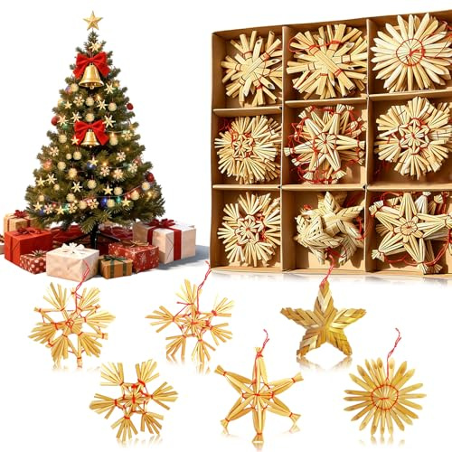 36 Stück Strohsterne Christbaumschmuck Set, Strohsterne Weihnachtsbaum, Natürlicher Stroh Anhänger, Tannenbaumschmuck Weihnachtsbaumanhänger, Weihnachtlicher Baumschmuck Stroh für Weihnachtsdekoration