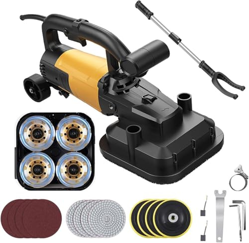 GEHPYYDS Meuleuse électrique à béton à 4 têtes avec 3 Types de disques de ponçage, Ponceuse à plâtre portative à 6 Vitesses réglables et rallonge pour la Finition du Ciment, du carrelage