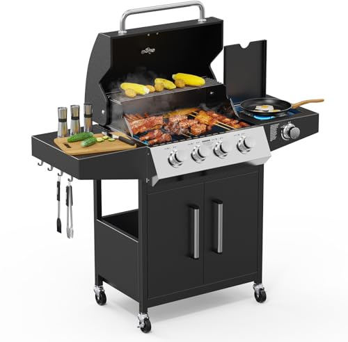 ROVSUN 4+1 Burner Gas BBQ Grill, Outdoor Portable Barbecue with Side Burner, Warming Rack, Cabinet, Side Shelves, Temperature Gauge - Steel Barbecue Trolley, for Garden, Party, Camping,Outdoor Cooking