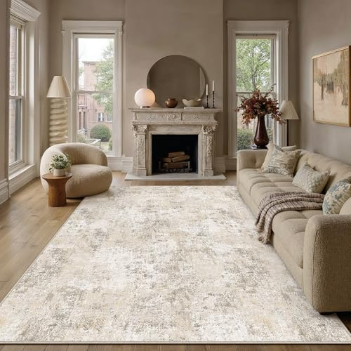 PureCozy Teppich Wohnzimmer 240x300cm Beige Waschbar Kurzflor | Waschbarer Modern Abstrakter Groß Teppiche Gegend,Rutschfest Carpet,für Schlafzimmer,Esszimmer,Büro Carpet